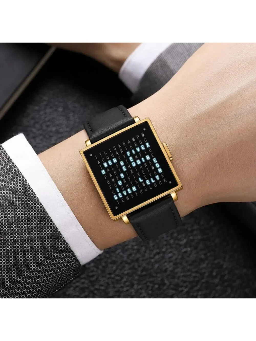 Men's Black Gold Analog Leather Multifunctional Waterproof Square Wrist Watch